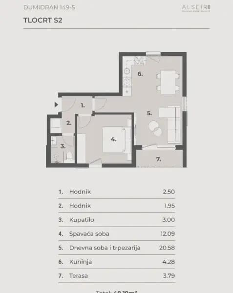 Продаж, однокімнатна квартира, 48м², Тіват, Чорногорія